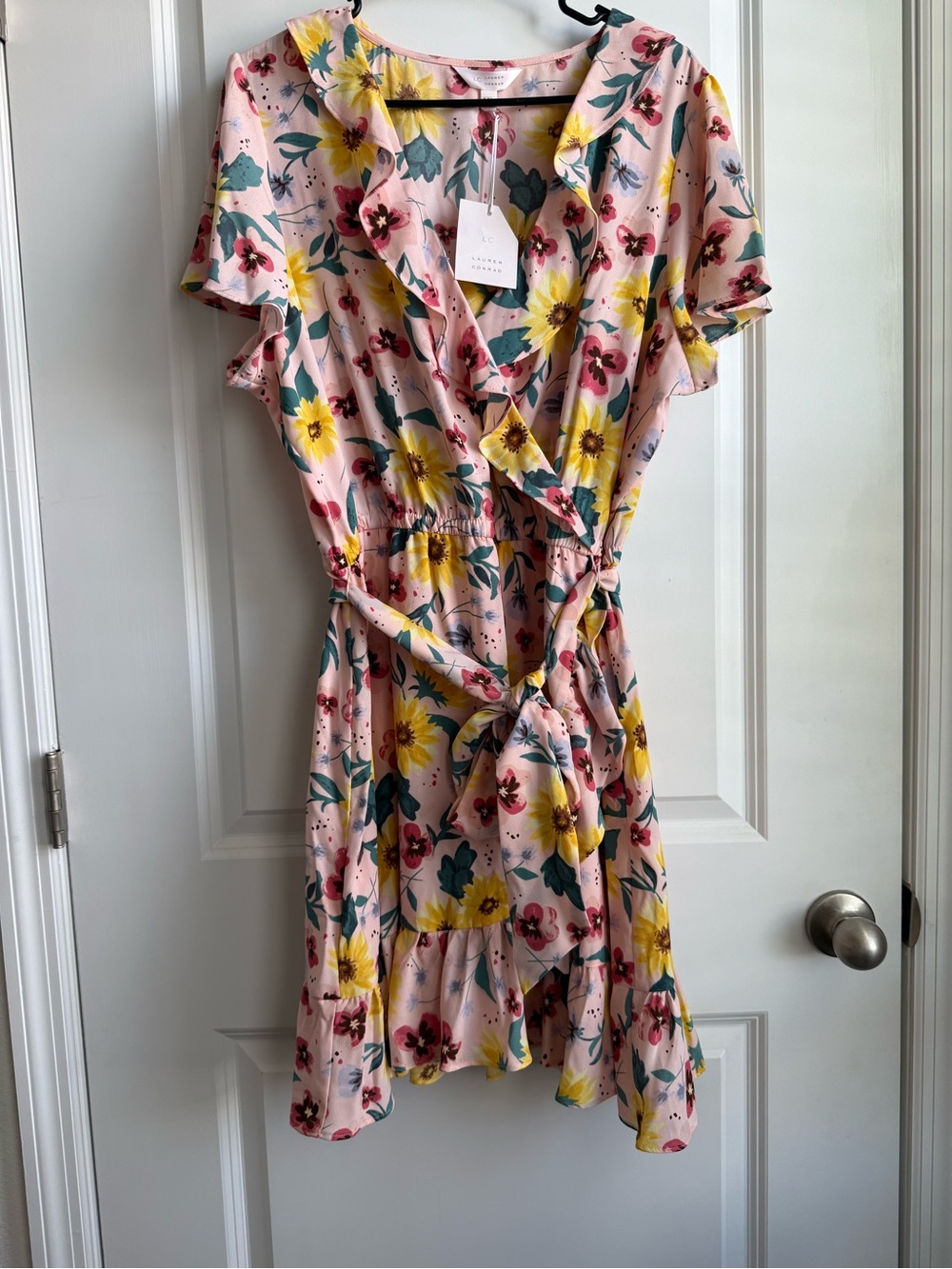 LC Lauren Conrad NWT Pink Floral Wrap Mini Dress with Yellow Blooms